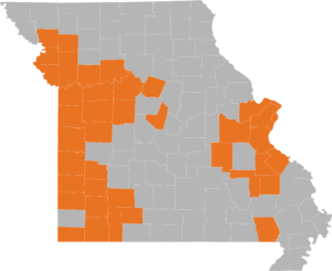 Map of Missouri counties served by Spire energy, supplier of natural gas