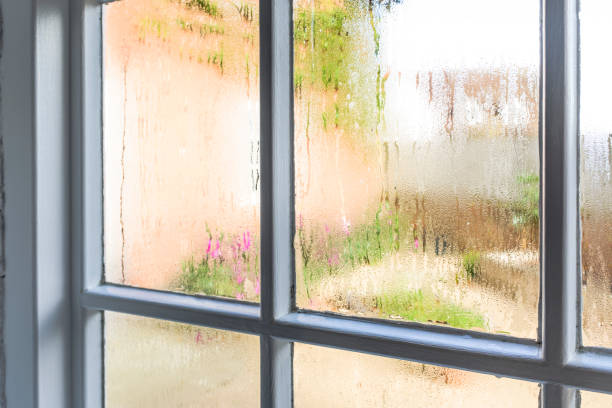 Humidity is visible inside the windows of a home.